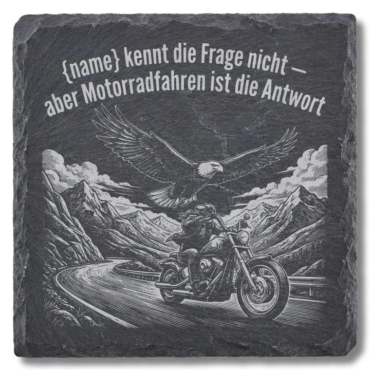 Schieferuntersetzer Biker Spruch „Motorradfahren ist die Antwort“