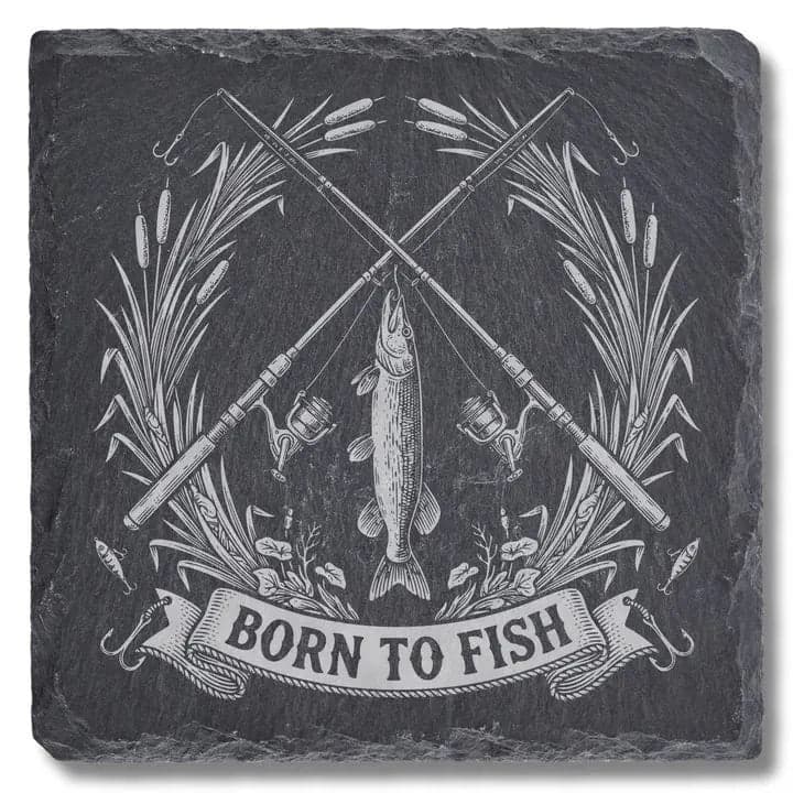Schieferuntersetzer „Born to Fish“ – Geschenk Angler