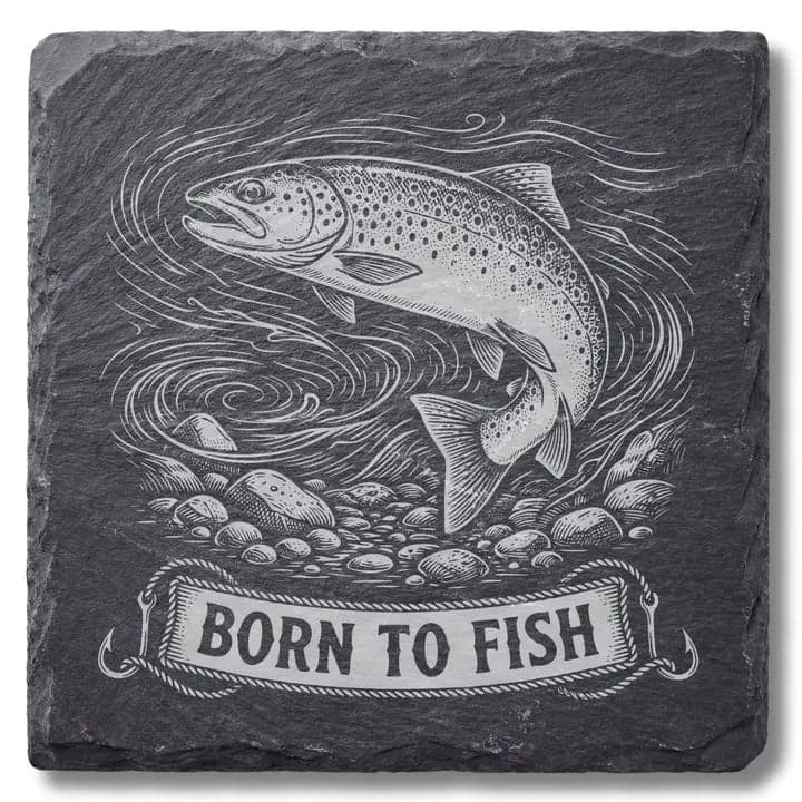 Schieferuntersetzer Forelle „Born to Fish“ – Angler Geschenk