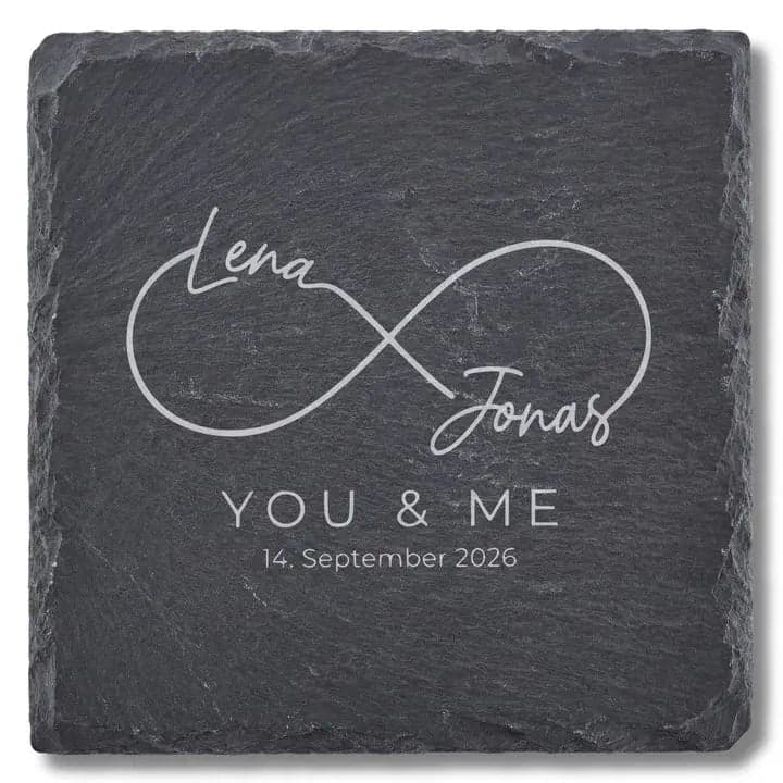 Schieferuntersetzer Infinity „You & Me“ – Hochzeit Namen