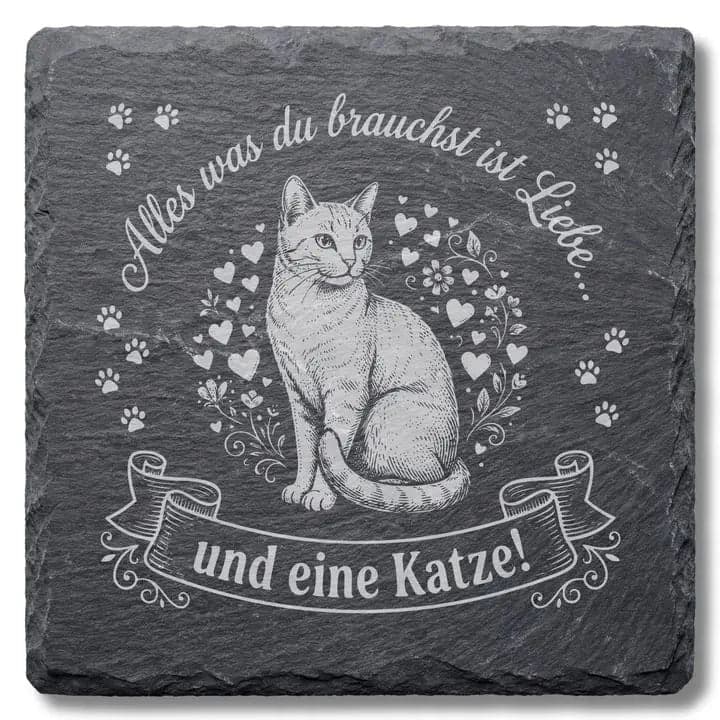 Schieferuntersetzer Katze Spruch «Liebe» – Vintage Gravur