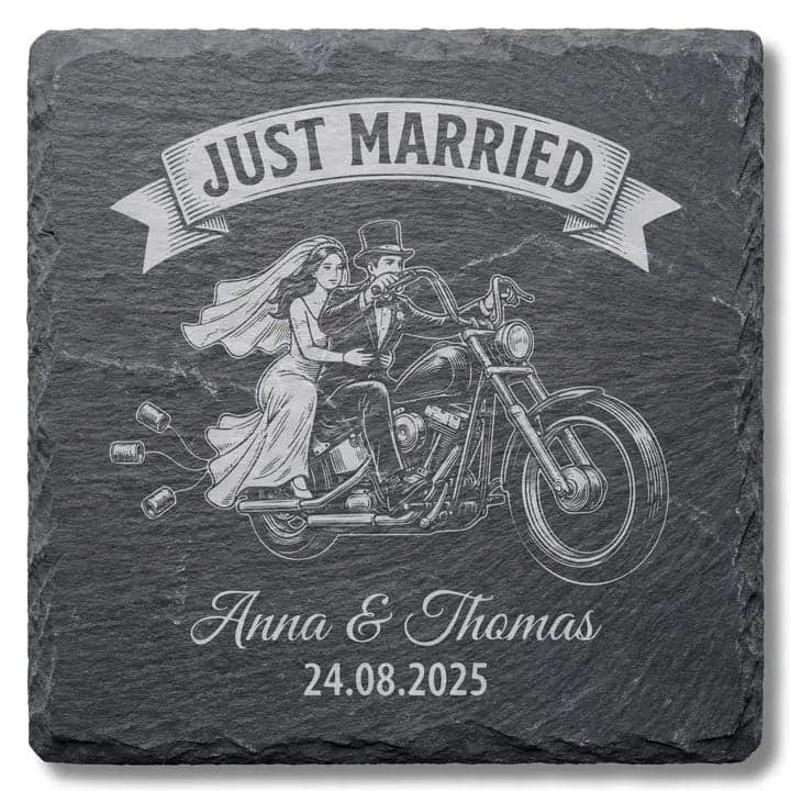 Schieferuntersetzer „Just Married“ Motorrad – Hochzeit Biker