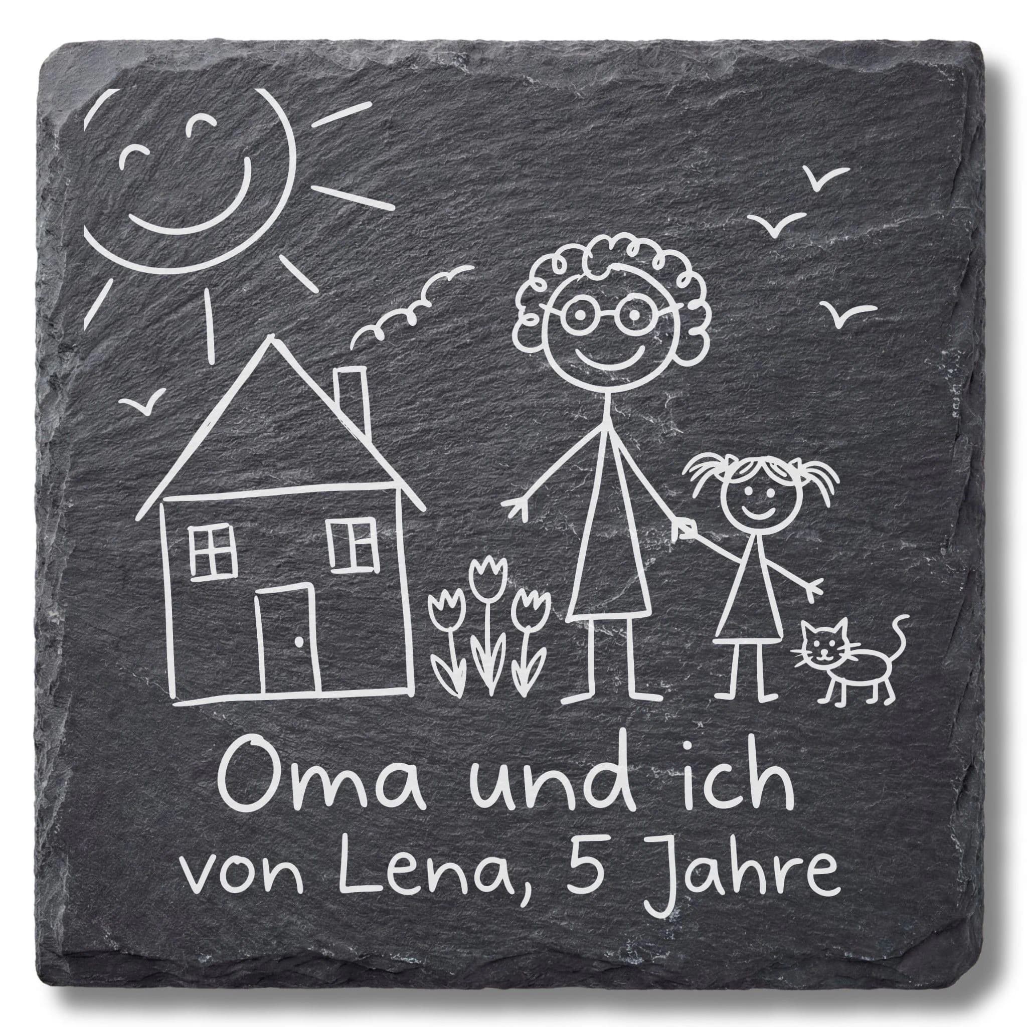 Kinderzeichnung graviert – Schieferuntersetzer für Oma | Oma und ich